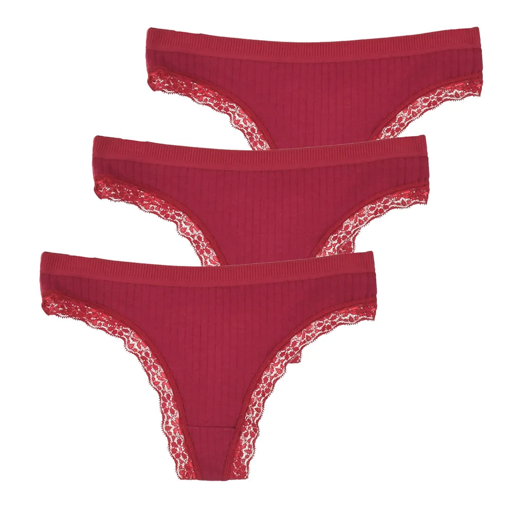 3pcs Cotton Women's Thong Panties Breathable Low Waist Seamless Underwear Sexy Female Lady Comfortable Solid Color Lace G-String luvshop24