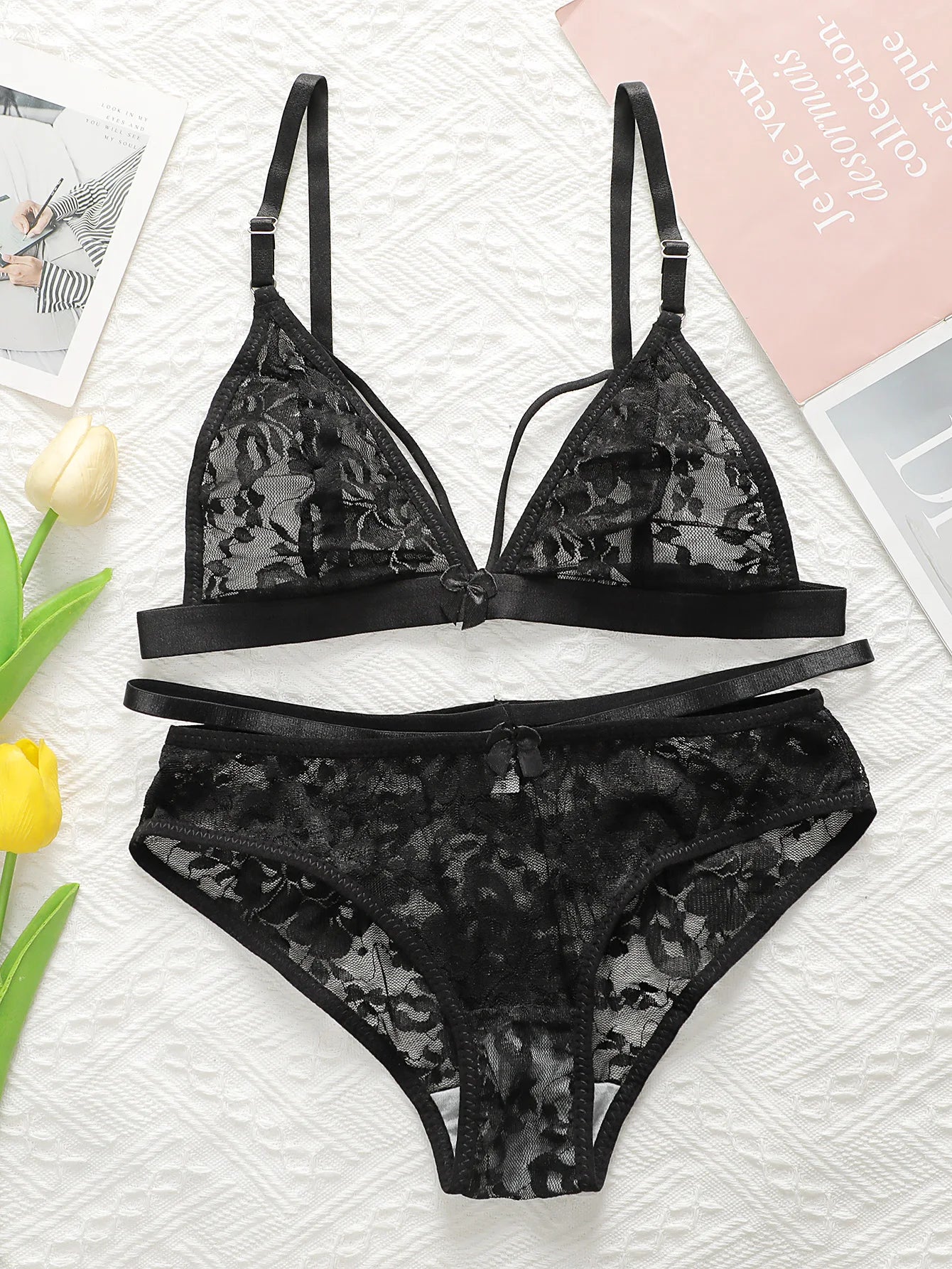 Women's Ultra-thin Lace Lingerie Two-piece Floral Lingerie Sexy Lingerie No Steel Hoop Push Up Bra A322 luvshop24
