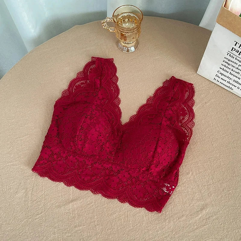 Lace Bras Top Women Deep V Neck Sexy Lingerie Wire Free Bra Tank Tops Female Underwear V Back Bralette Padded Camisole luvshop24