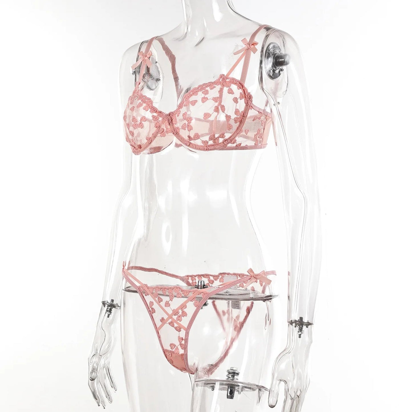 Yimunancy Heart Embroidery Lingerie Set Women 2-Piece Transparent Bow Bra + Brief Underwear Set Erotic Intimates luvshop24