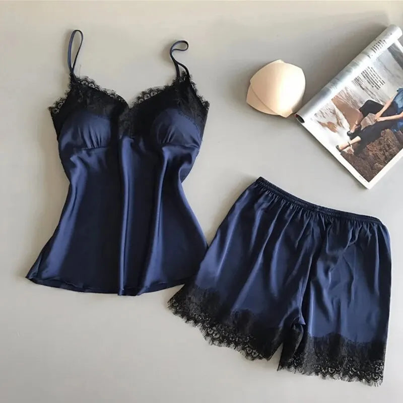 Women Pajama Suit Fashion V-Neck Stretch Satin Babydoll Lace Sexy Lingerie Bowknot Pyjamas Sleep Shorts Set Sleepwear New luvshop24
