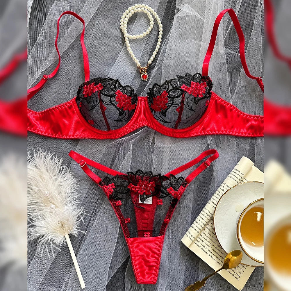 Floral Sexy Lingerie Lace Eroticу Bralette + Briefs Set Transparent Women's Underwear Embroidery Erotic Beautiful Bra And Panty luvshop24