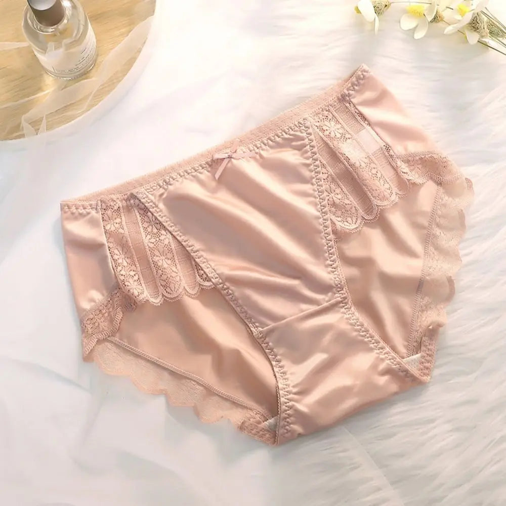 2Pcs Lingerie Underwear Lace Briefs Women Bow Mid Waist Stain Silk Panties Underpants Cotton Crotch Mesh Seamless Briefs Gifts luvshop24