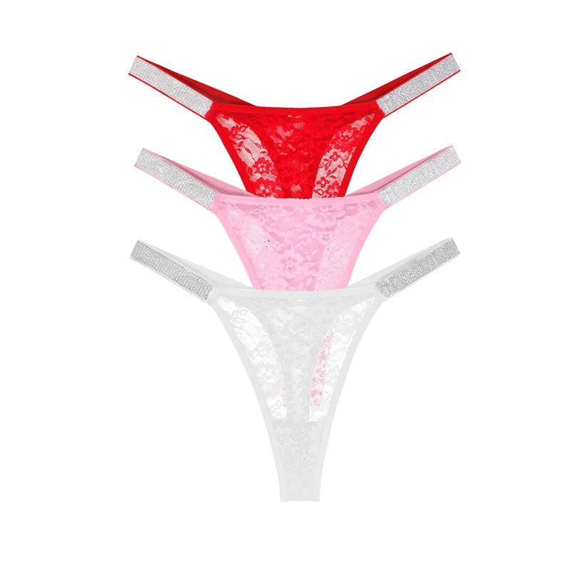 3pcs Sexy Thongs Lace Women Underwear Perspective Floral Panties Low Rise Two Shiny Belts G-string Comfortable Intimate Lingerie luvshop24