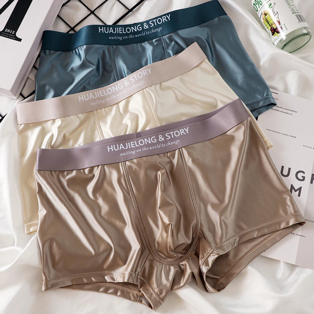 1/3Pcs Breathable Thin Satin Silk Boxer Briefs Seamless Mid Waist Ice Silk Boxers Underpants Smooth Underwear for Men Daily luvshop24