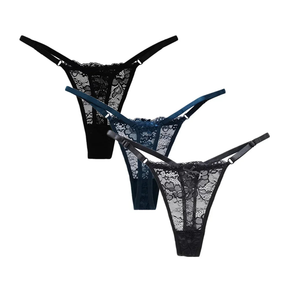 3PCS Adjustable Sexy Transparent Thong Panties Women Lace Underwear Low Waist Female T-back String Underpants luvshop24