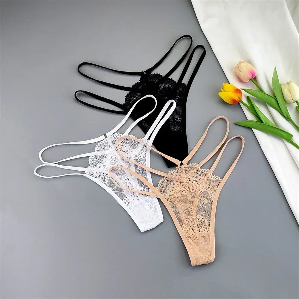 3 Pcs Lace Thin Strap Thong Women Low Waist Sexy Perspective Underwear Ladies Transparent G-string Panty Plus Size T-back luvshop24