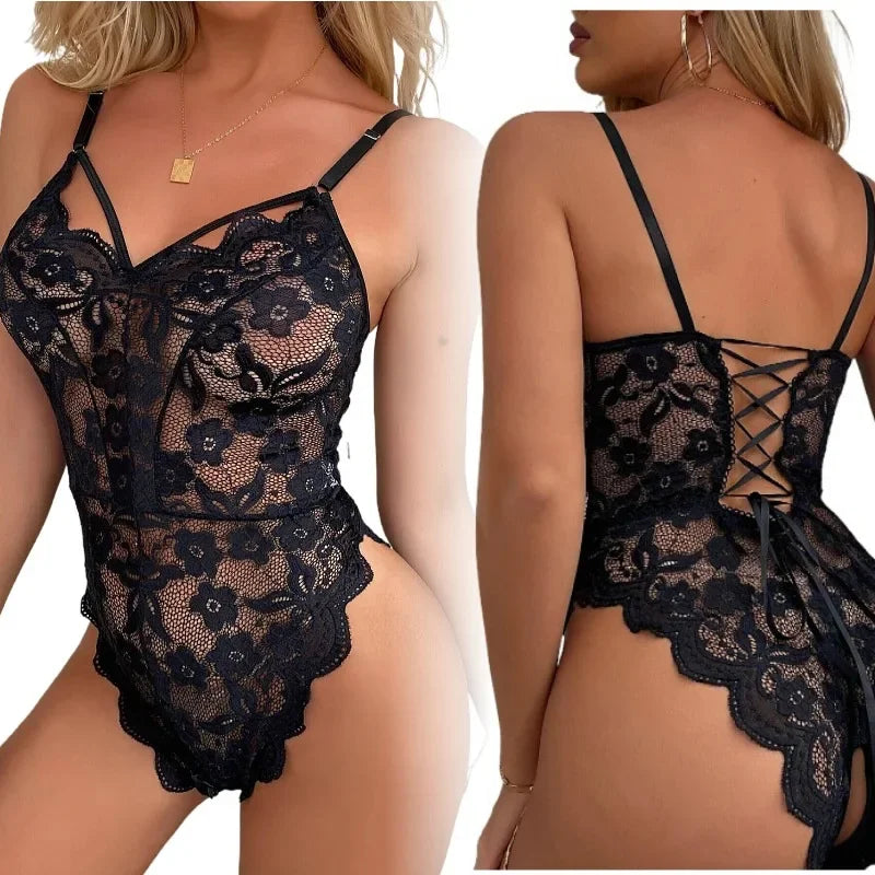 Erotic Lingerie for Women Lace Transparent Bra Set Sexy Costumes Deep V Open Crotch Bodysuit Female Underwear Sexy Body luvshop24