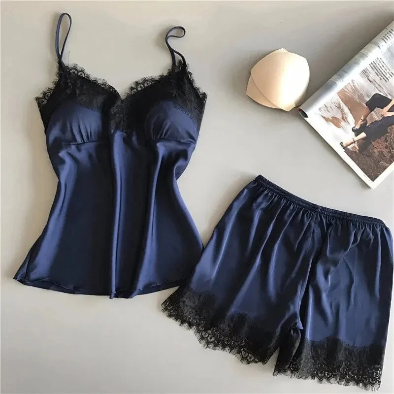 Women Pajama Suit Fashion V-Neck Stretch Satin Babydoll Lace Sexy Lingerie Bowknot Pyjamas Sleep Shorts Set Sleepwear New luvshop24