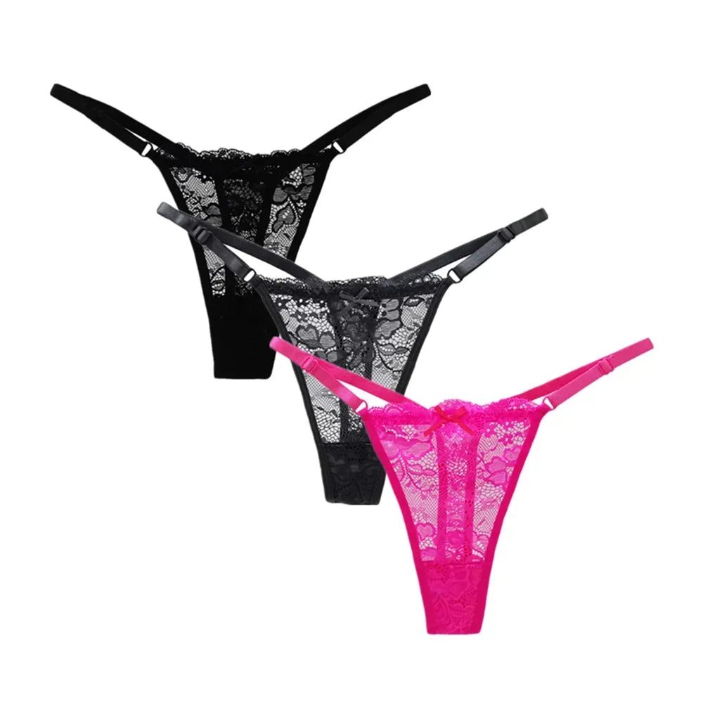 3PCS Adjustable Sexy Transparent Thong Panties Women Lace Underwear Low Waist Female T-back String Underpants luvshop24