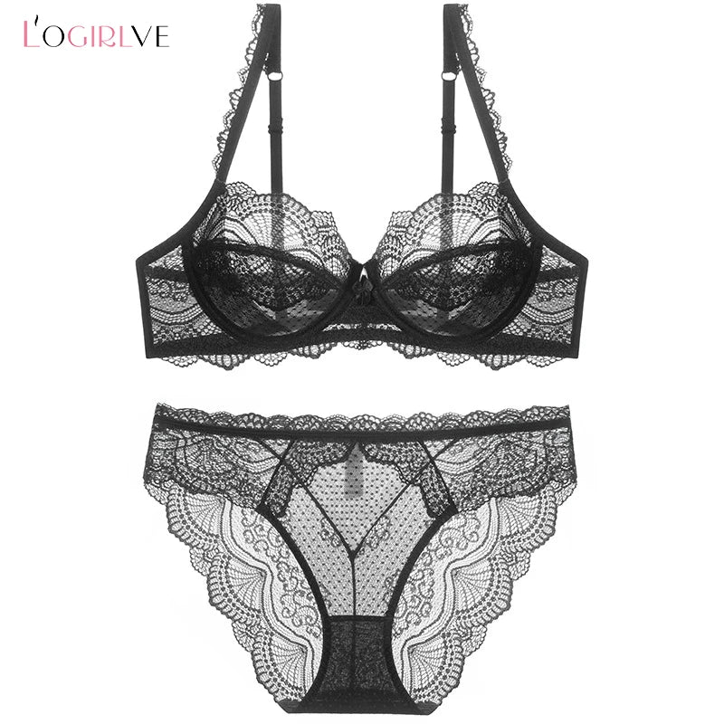 Logirlve Sexy Ultra-thin Lingerie Bra Panties Sets Transparent Brassiere Underwear Set Plus Size Women Lingerie Set Lace Bras luvshop24