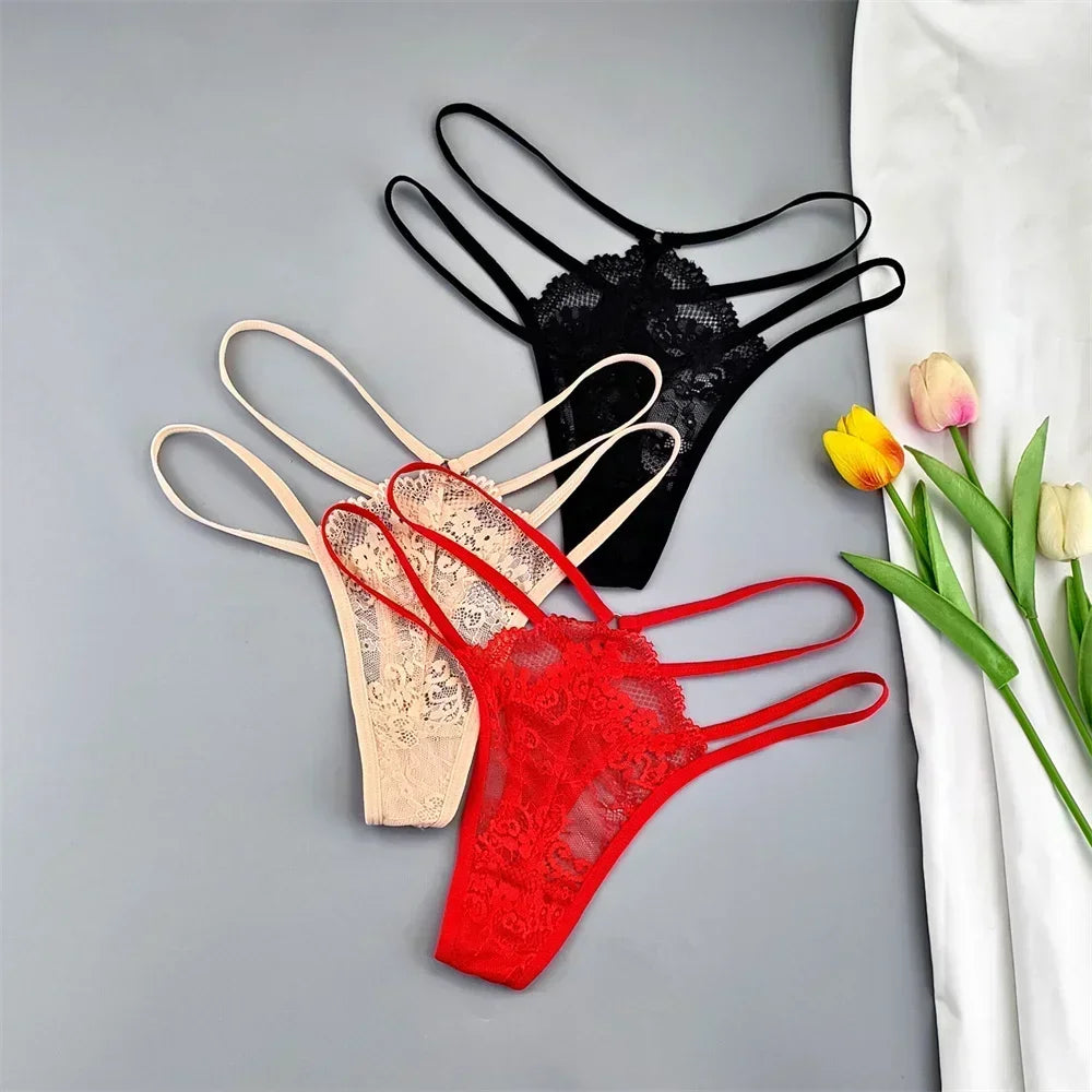 3 Pcs Lace Thin Strap Thong Women Low Waist Sexy Perspective Underwear Ladies Transparent G-string Panty Plus Size T-back luvshop24