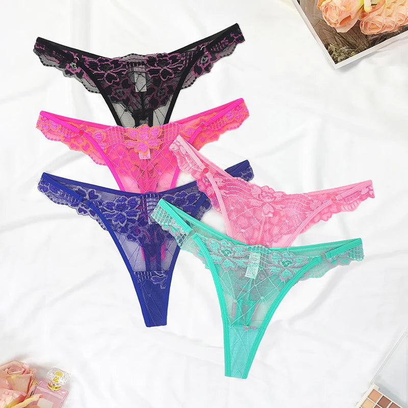 5pcs Lace Ladies G-string Perspective Floral Panties Low Waist Sexy Female Thongs Comfortable Breathable Intimate Lingerie Set luvshop24