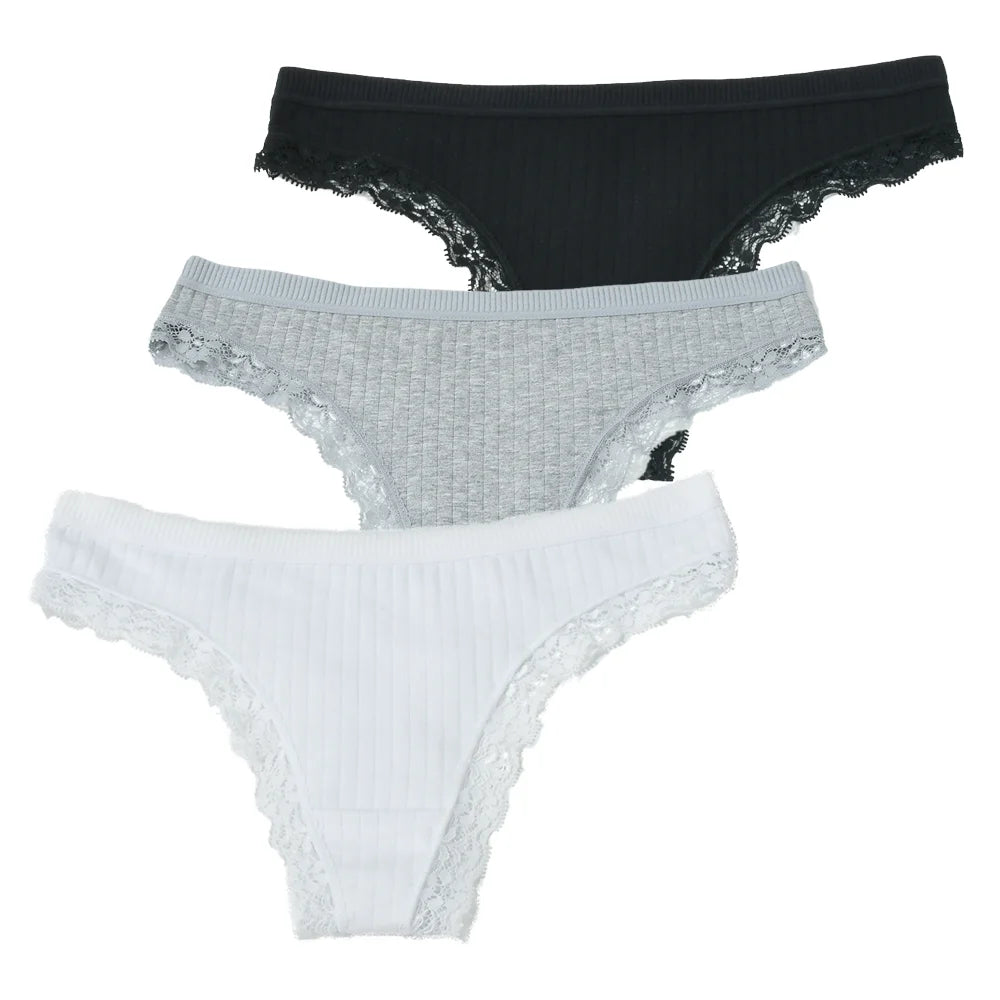 3pcs Cotton Women's Thong Panties Breathable Low Waist Seamless Underwear Sexy Female Lady Comfortable Solid Color Lace G-String luvshop24