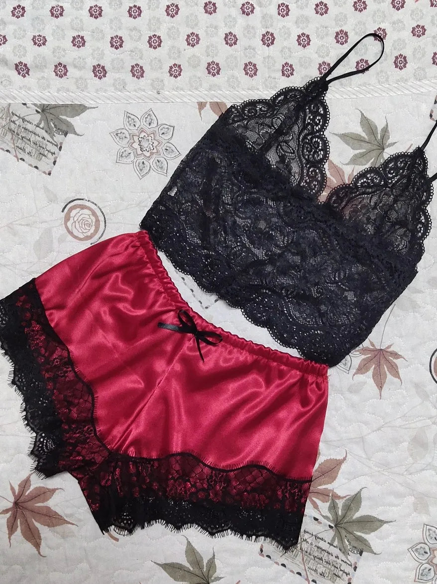 Lace Sleepwear Set for Women Sexy Transparent Sleeveless Tops Silk Shorts Pajamas Nightwear S-3XL Female Lingerie Sleep Wears luvshop24