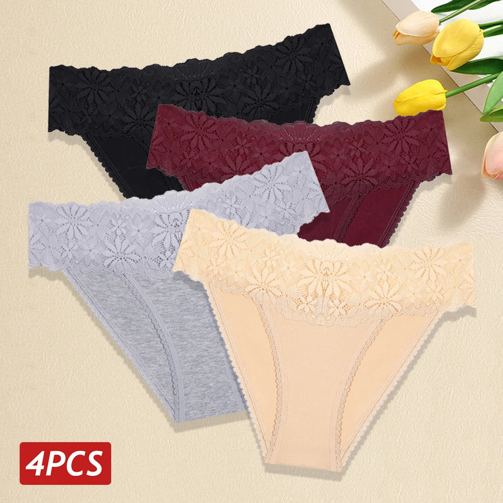Lace Panties Women Cotton Briefs Female Comfortable Underwear 4PCS/Set Elstice Solid Color Panties Female Low Rise Sexy Lingerie luvshop24