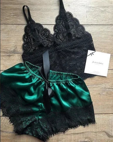 Lace Sleepwear Set for Women Sexy Transparent Sleeveless Tops Silk Shorts Pajamas Nightwear S-3XL Female Lingerie Sleep Wears luvshop24