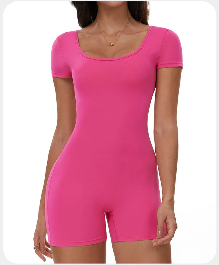 Womens Sports Bodysuit Short Sleeve Jumpsuits Stretch One Piece Set Romper Sexy Scrunch Butt Fitness Jumpsuit Female Sportwears luvshop24