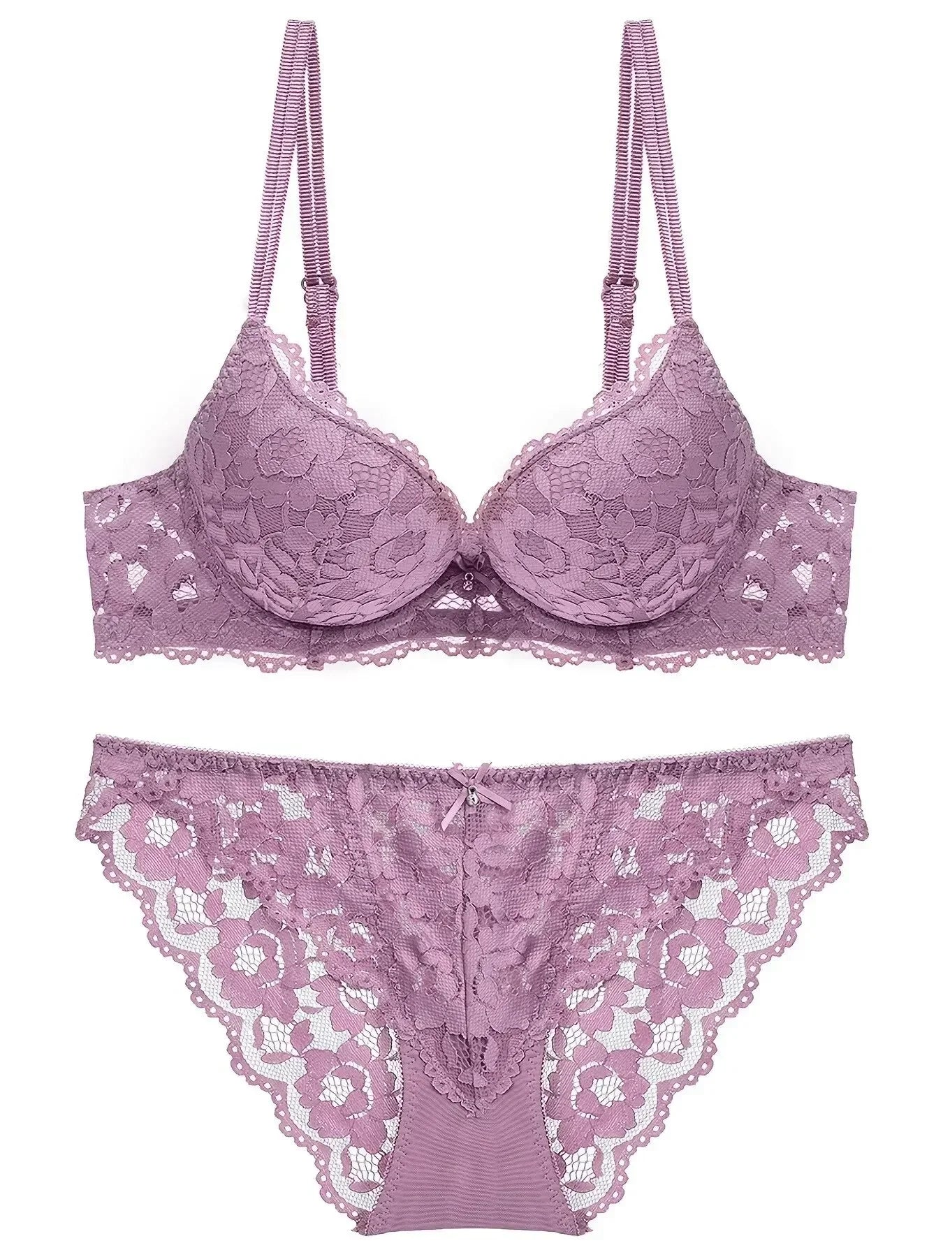 1 Set Elegant Erotic Lace Embroidery Breathable Fabric Lingeries : Push-Up Bra, Low Waist Sheer Panty - Ultimate Valentine's Day luvshop24