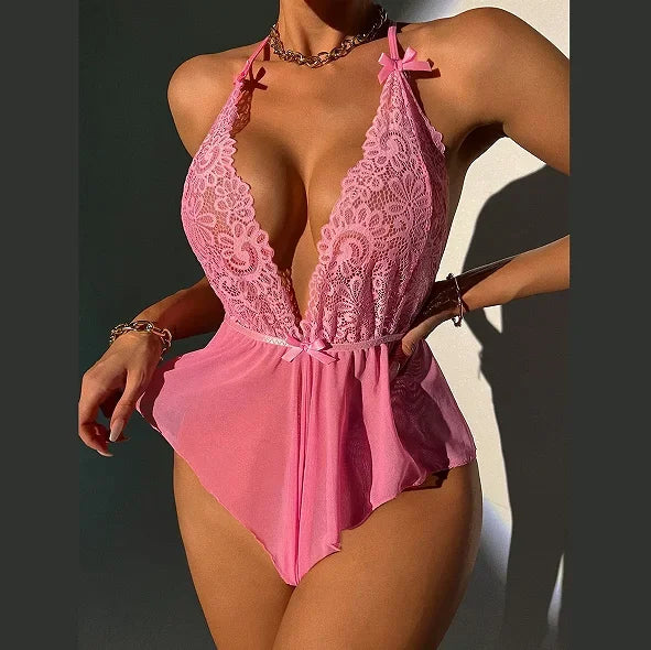 Erotic Lingerie for Women Lace Transparent Bra Set Sexy Costumes Deep V Open Crotch Bodysuit Female Underwear Sexy Body luvshop24