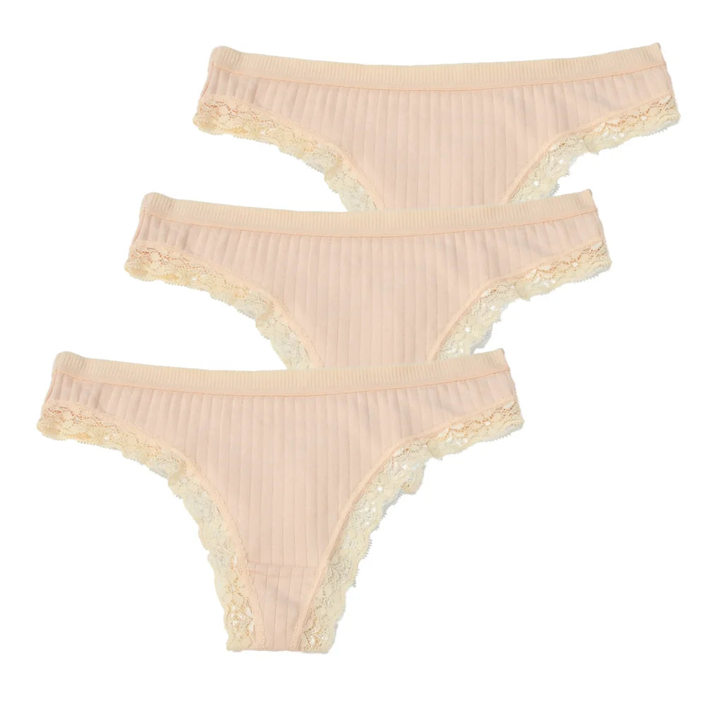3pcs Cotton Women's Thong Panties Breathable Low Waist Seamless Underwear Sexy Female Lady Comfortable Solid Color Lace G-String luvshop24