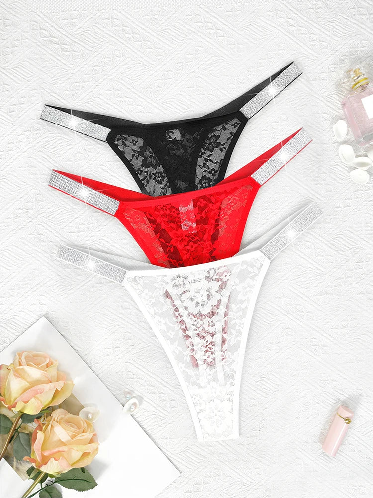 3pcs Sexy Thongs Lace Women Underwear Perspective Floral Panties Low Rise Two Shiny Belts G-string Comfortable Intimate Lingerie luvshop24