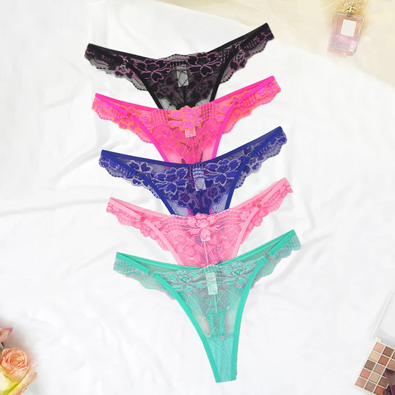 5pcs Lace Ladies G-string Perspective Floral Panties Low Waist Sexy Female Thongs Comfortable Breathable Intimate Lingerie Set luvshop24