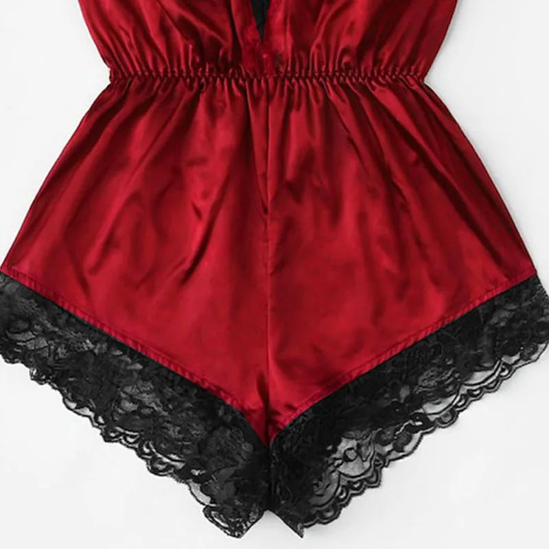 Sexy Lace Halter Oil Shiny Cloth Black Jumpsuit Fashionable and Comfortable Lace Lace Pyjamas Erotic Lingerie luvshop24