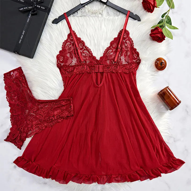 2 Pcs Set Sexy Lingerie Set Women Deep V Slip Dress Thong Erotic Bra Panty Sets Lace Nightdress Transparent Soft Nightgown luvshop24