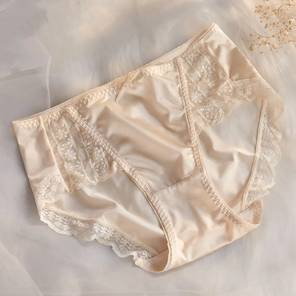 2Pcs Lingerie Underwear Lace Briefs Women Bow Mid Waist Stain Silk Panties Underpants Cotton Crotch Mesh Seamless Briefs Gifts luvshop24