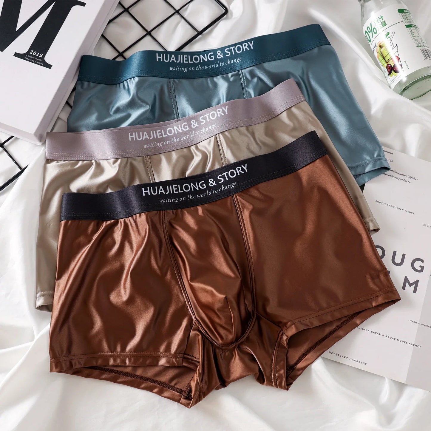 1/3Pcs Breathable Thin Satin Silk Boxer Briefs Seamless Mid Waist Ice Silk Boxers Underpants Smooth Underwear for Men Daily luvshop24