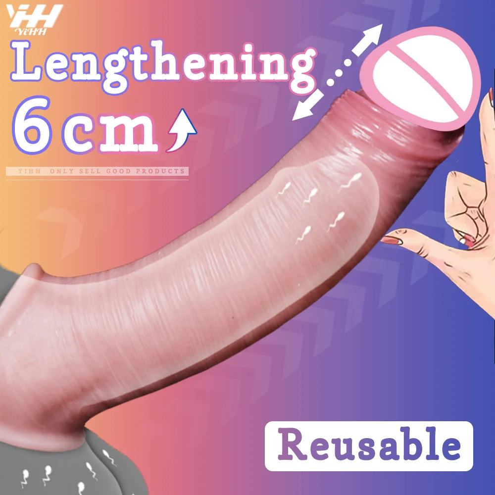 Silicone Penis Sleeve Extender 6cm Realistic Hollow Dildo for Men Reusable Cock Enhancer Ring Large Silicone Condom Male Sex toy luvshop24