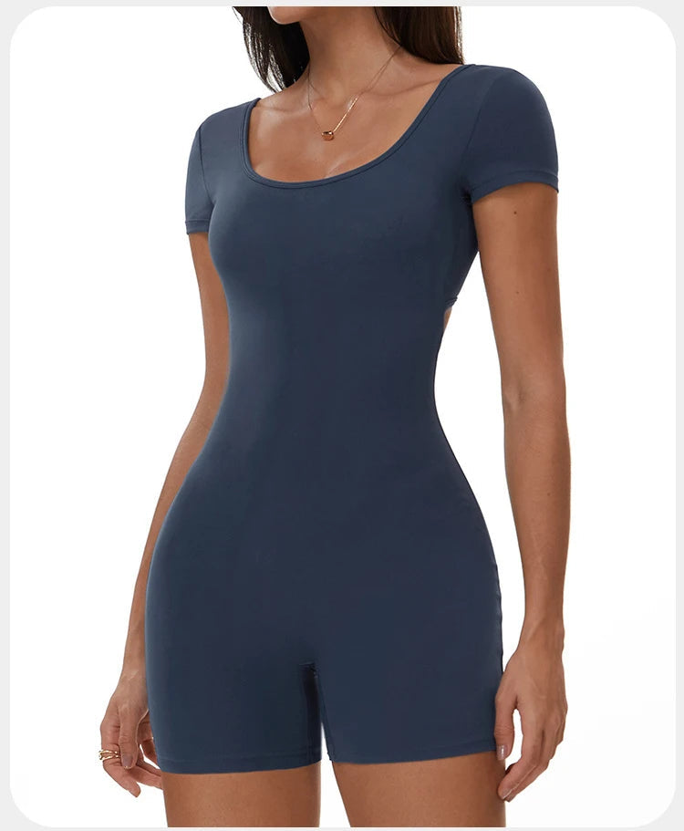 Womens Sports Bodysuit Short Sleeve Jumpsuits Stretch One Piece Set Romper Sexy Scrunch Butt Fitness Jumpsuit Female Sportwears luvshop24
