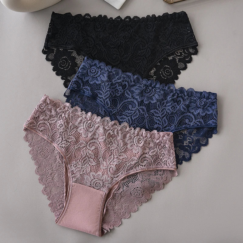 3PCS/Set Luxury Floral Embroidery Lace Panties Women Briefs Sexy Hollow Lingerie Female Underwear Ladies Breathable Underpants luvshop24