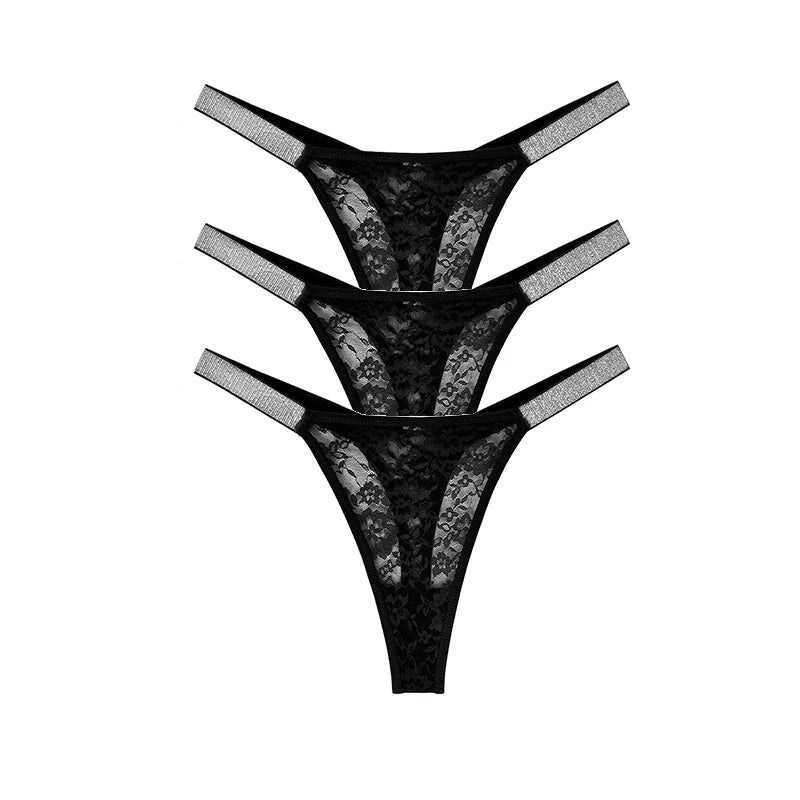 3pcs Sexy Thongs Lace Women Underwear Perspective Floral Panties Low Rise Two Shiny Belts G-string Comfortable Intimate Lingerie luvshop24