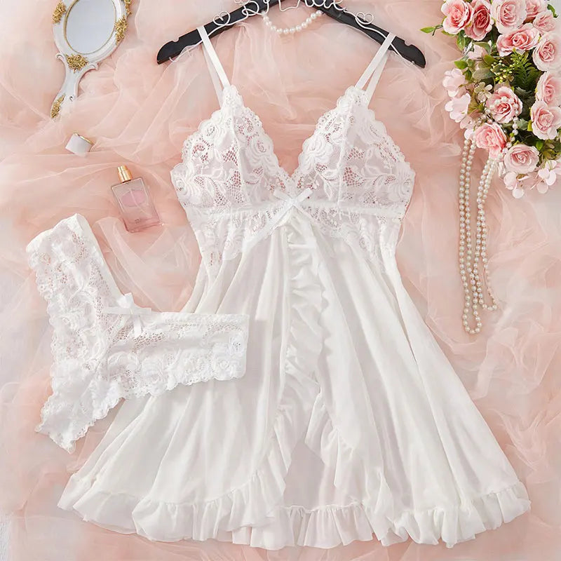 2 Pcs Set Sexy Lingerie Set Women Deep V Slip Dress Thong Erotic Bra Panty Sets Lace Nightdress Transparent Soft Nightgown luvshop24