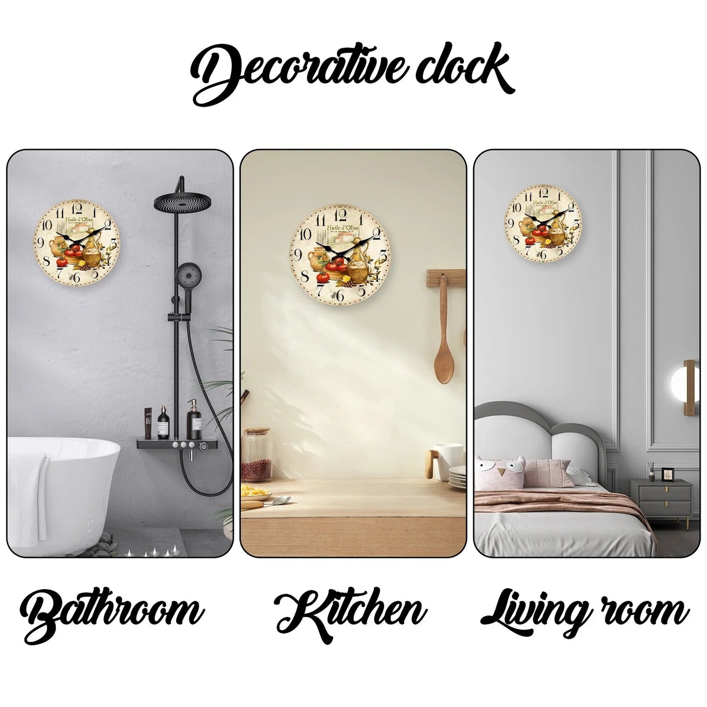 Retro Provence Olive Oil and Tomato Pattern Wooden Wall Clock Living Room Bedroom Kitchen Home Decoration Wall Clock Silent Quartz Clock Holiday Gift 10 Inches 12 Inches 14 Inches 16inch (Without Batteries) luvshop24