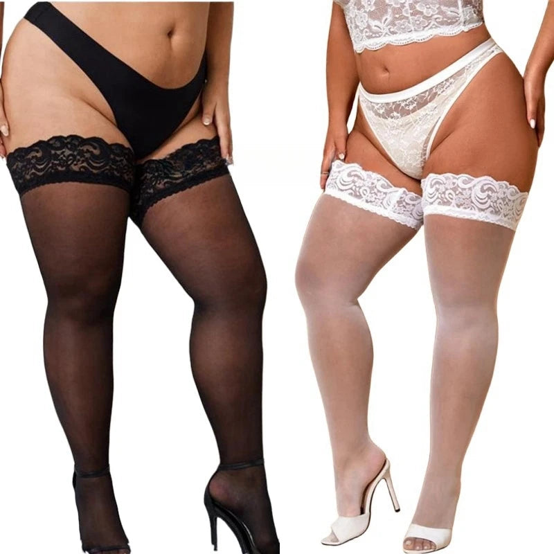 Lace Top Plus Size Knee Thigh High Socks for Women Stockings Sexy Stay Hold Up White Black Pink Red Long Stocking with Anti-slip luvshop24