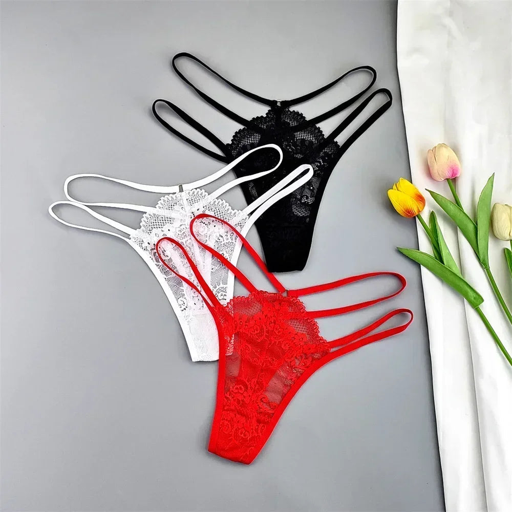 3 Pcs Lace Thin Strap Thong Women Low Waist Sexy Perspective Underwear Ladies Transparent G-string Panty Plus Size T-back luvshop24