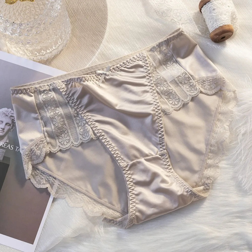 2Pcs Lingerie Underwear Lace Briefs Women Ultra-thin Bow Stain Silk Panties Cotton Crotch Mid Waist Mesh Seamless Briefs Girl luvshop24