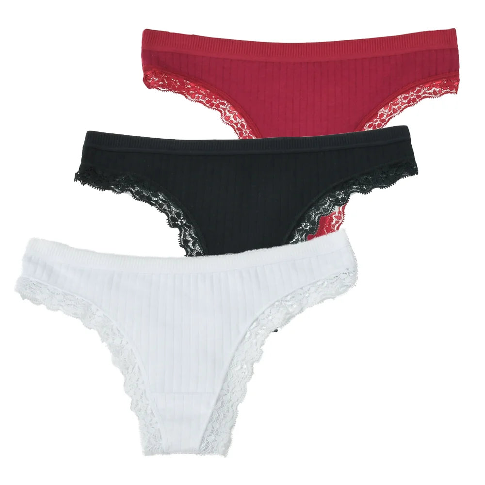 3pcs Cotton Women's Thong Panties Breathable Low Waist Seamless Underwear Sexy Female Lady Comfortable Solid Color Lace G-String luvshop24