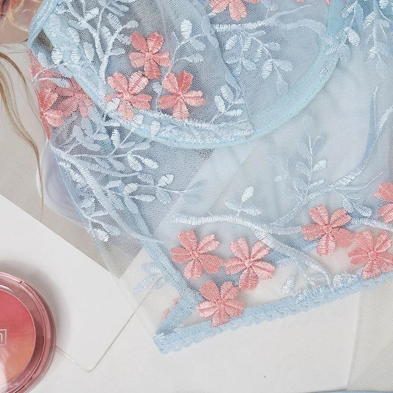 Lace Floral Embroidery See Through Bra and Panties Set for Women Underwear Sexy Lingerie Female 2 Pieces Bra Brief Sets luvshop24