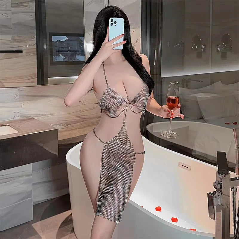 Hot Female Underwear Perspective Fishing Net Hollow Out Mesh Short Dresses Sexy Bodysuit Women Lingerie Cosplay Erotic Dress luvshop24