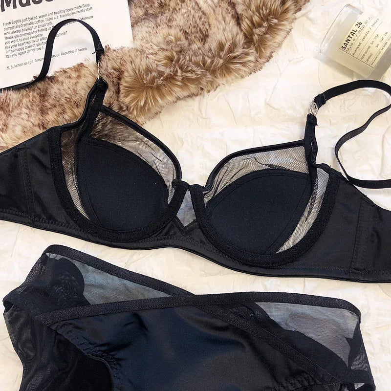 2 Pieces Sexy Underwear Set for Women Lace Push Up Bra French Thin Cup Comfort Brassiere Mesh Breathable Bralette Lingerie Set luvshop24