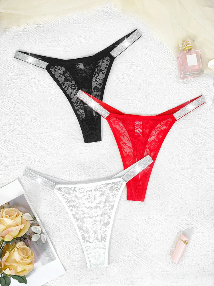 3pcs Sexy Thongs Lace Women Underwear Perspective Floral Panties Low Rise Two Shiny Belts G-string Comfortable Intimate Lingerie luvshop24