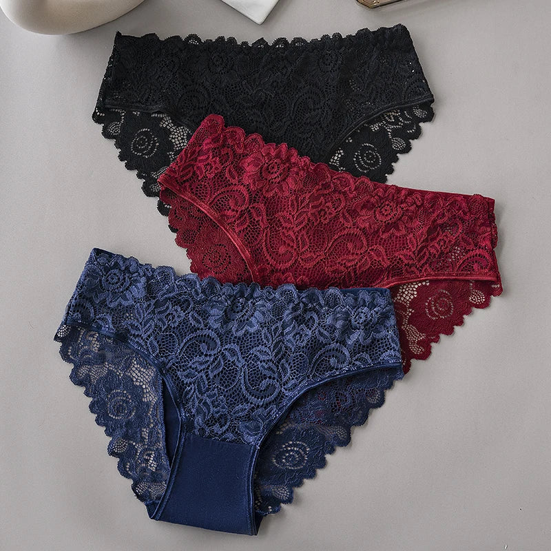3PCS/Set Luxury Floral Embroidery Lace Panties Women Briefs Sexy Hollow Lingerie Female Underwear Ladies Breathable Underpants luvshop24
