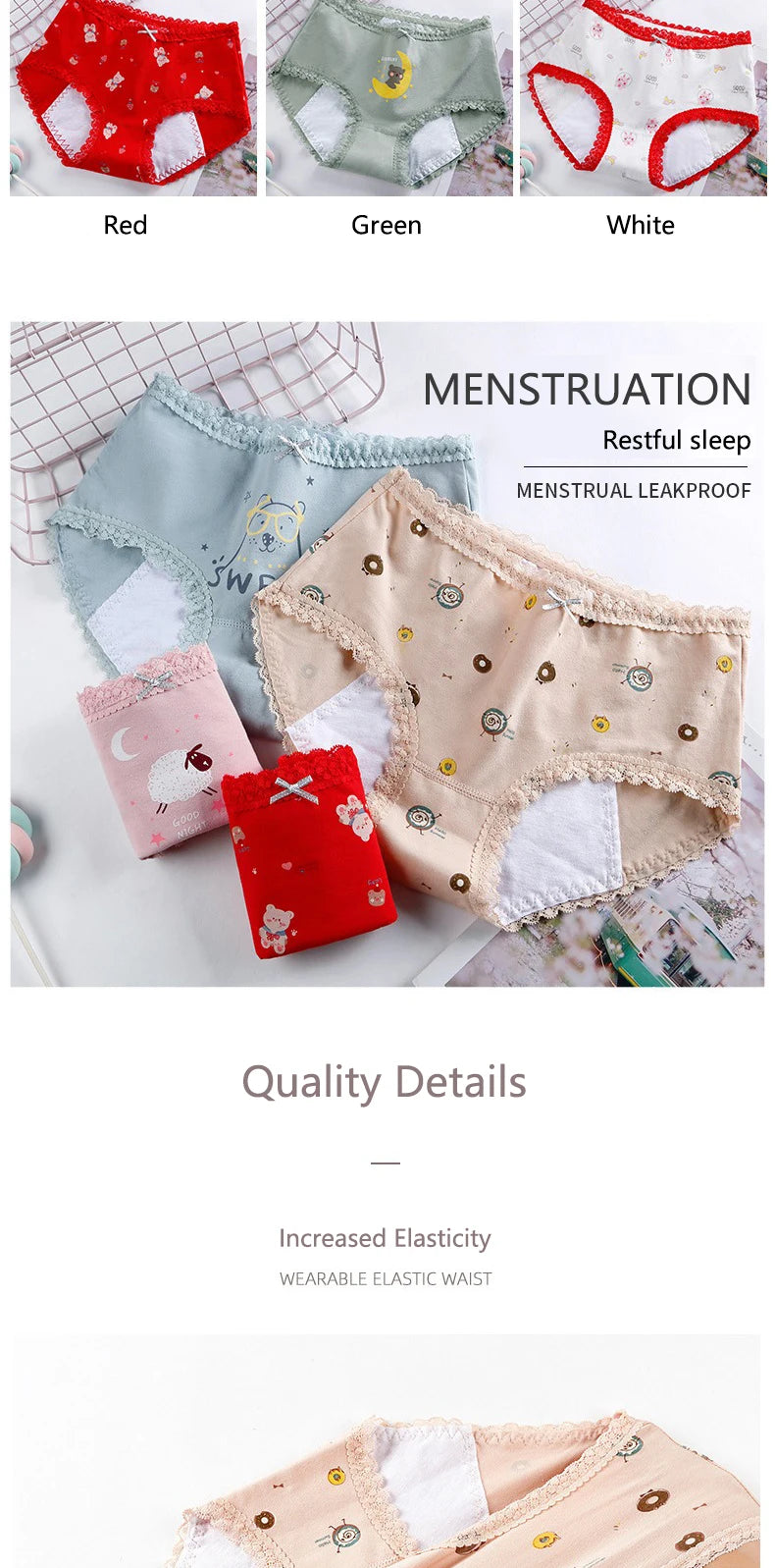 1pc Girls Period Underwear Mid-Rise Cartoon Cotton 3-Layer Leak-proof Incontinence Panties Absorbent Teen Menstrual Briefs S-XL luvshop24