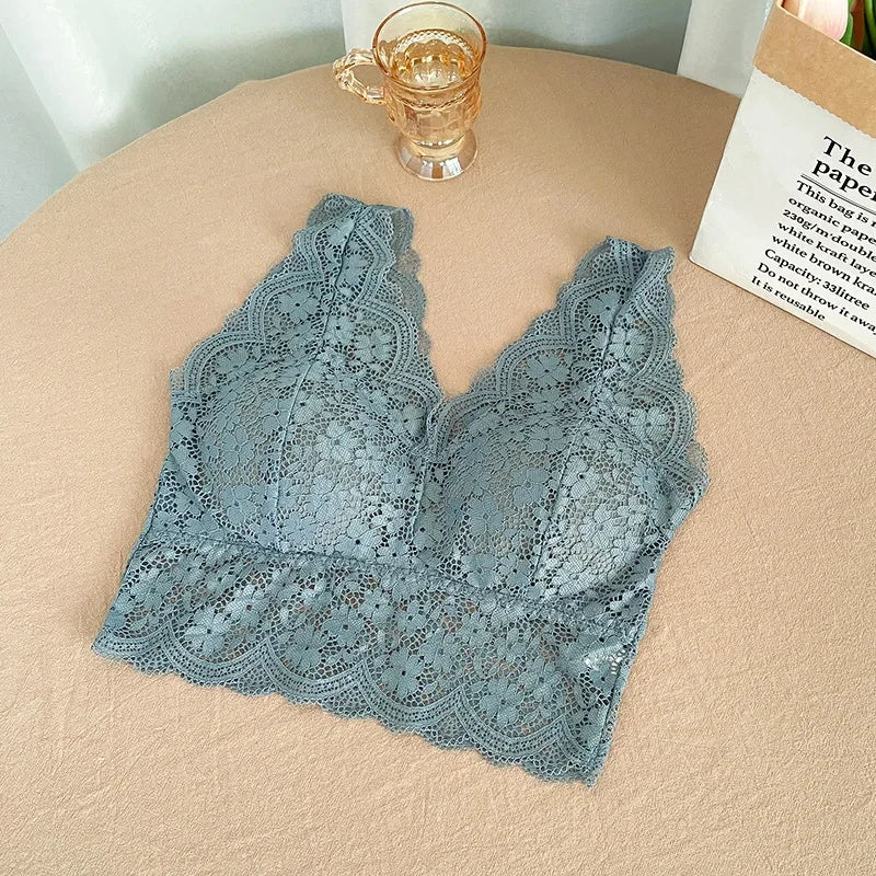 Lace Bras Top Women Deep V Neck Sexy Lingerie Wire Free Bra Tank Tops Female Underwear V Back Bralette Padded Camisole luvshop24