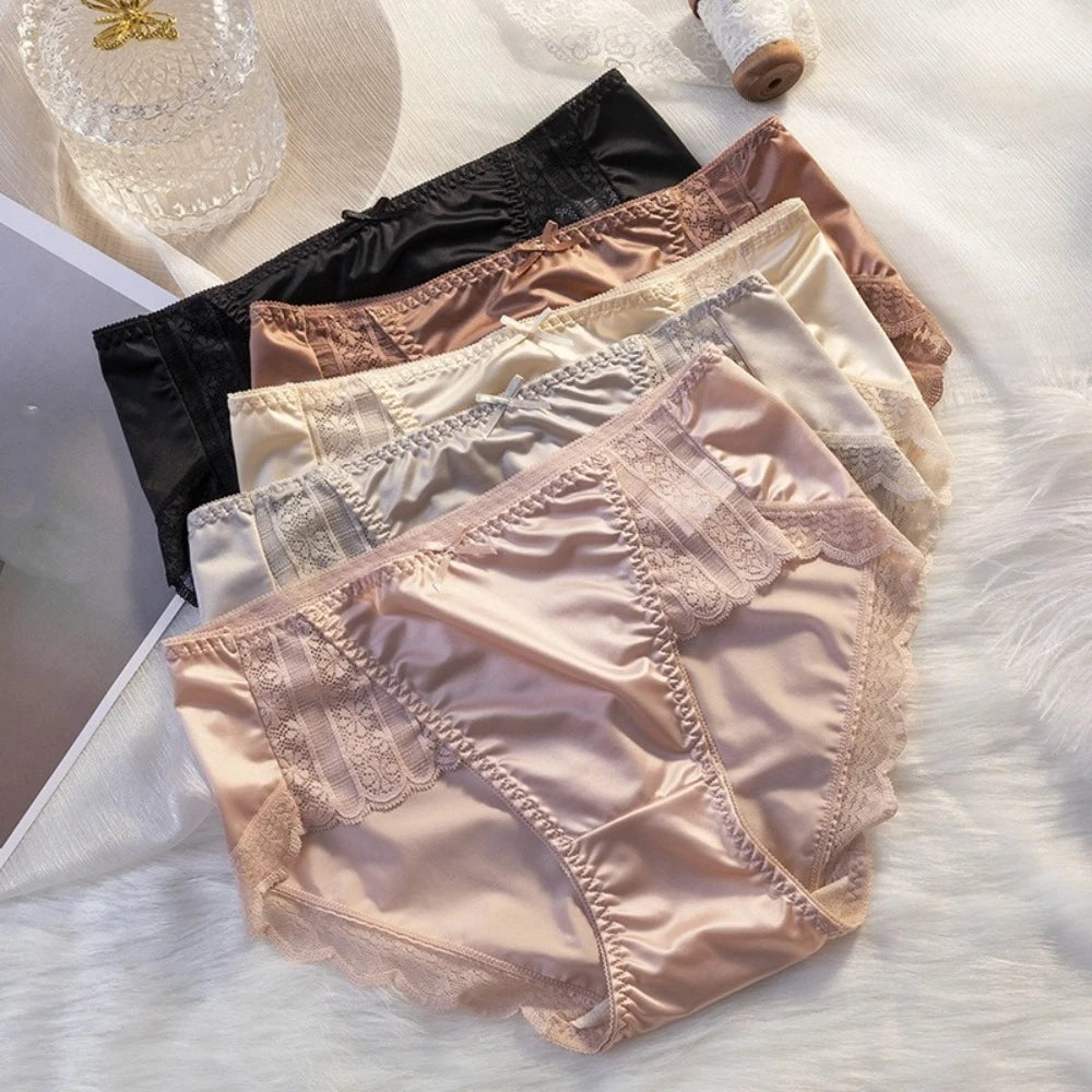 2Pcs Lingerie Underwear Lace Briefs Women Ultra-thin Bow Stain Silk Panties Cotton Crotch Mid Waist Mesh Seamless Briefs Girl luvshop24