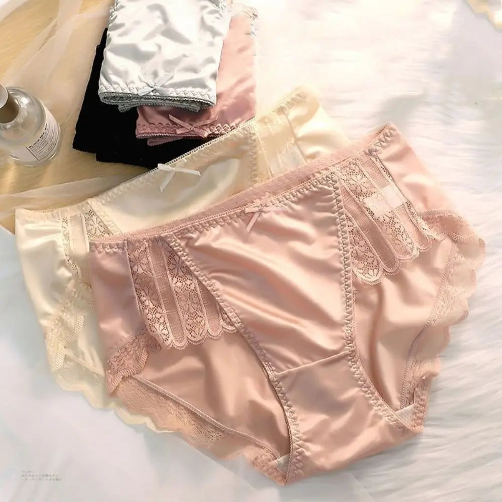 2Pcs Lingerie Underwear Lace Briefs Women Bow Mid Waist Stain Silk Panties Underpants Cotton Crotch Mesh Seamless Briefs Gifts luvshop24